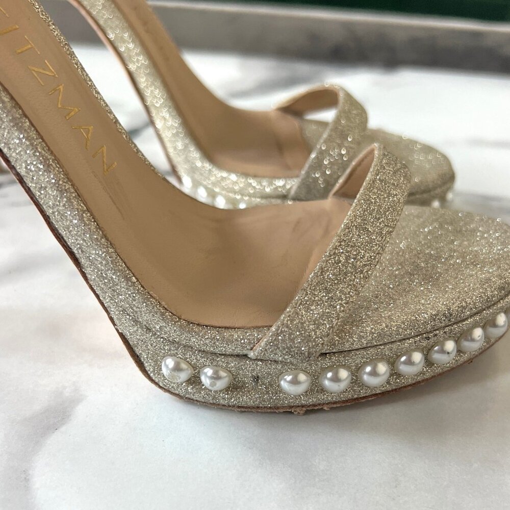 Stuart Weitzman Nudist Disco Pearl Gold Glitter Heels - Picture 5 of 9